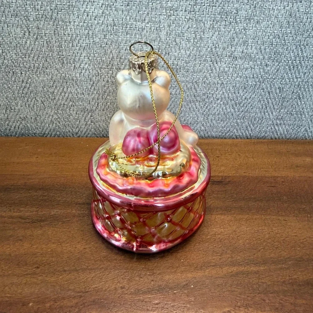 Glass Teddy Bear Ornament Sitting in Basket Pink Bow Christmas Holiday Decor